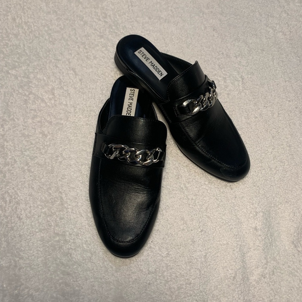 Steve Madden Black Leather Loafers with Chain Detail
